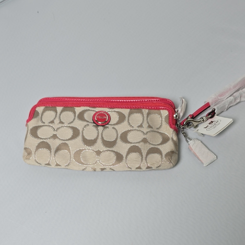 Coach Signature Beige and Pink Wristlet